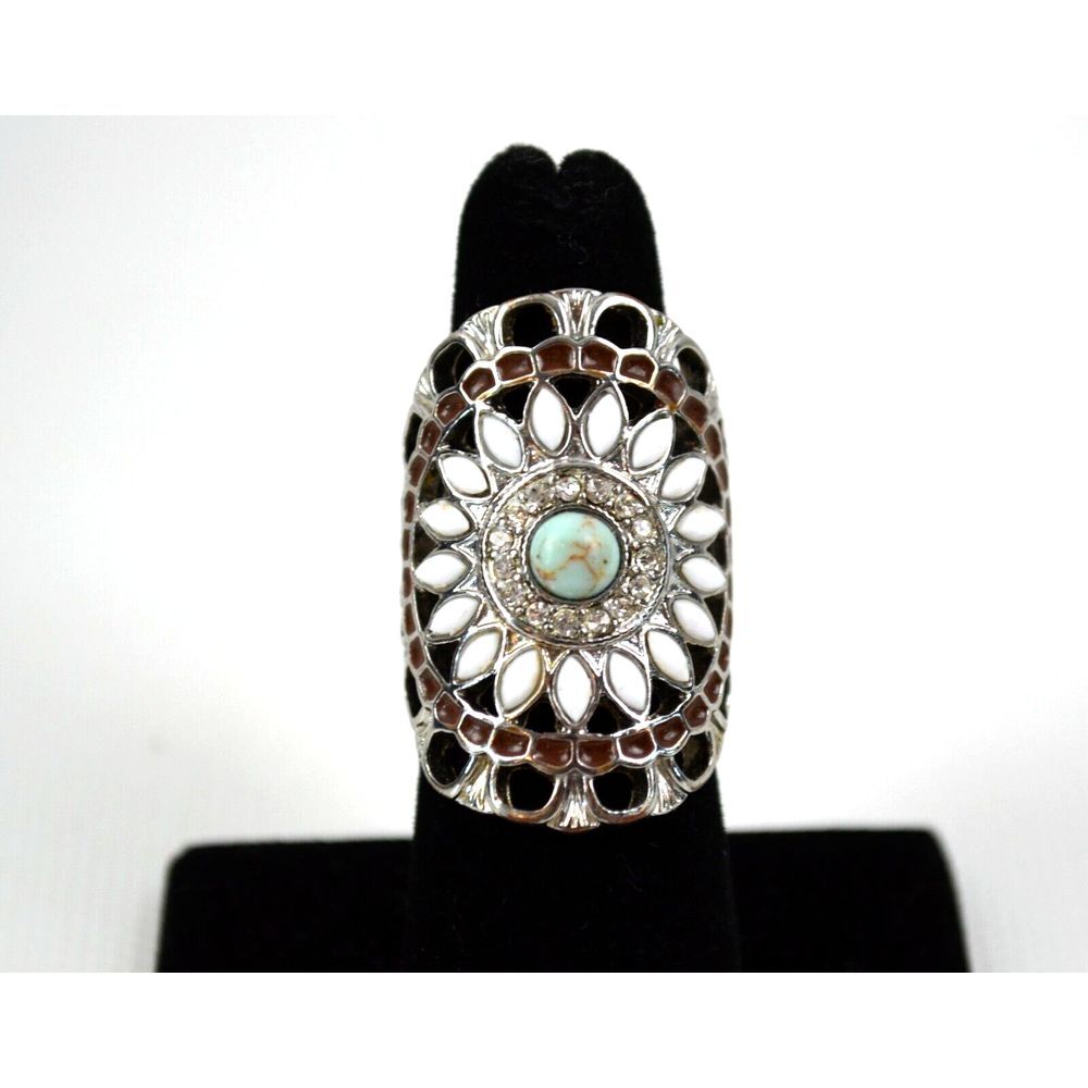 Silver Tone Filigree Costume Ring Size 5.75 Wrap Around Clear Rhinestones